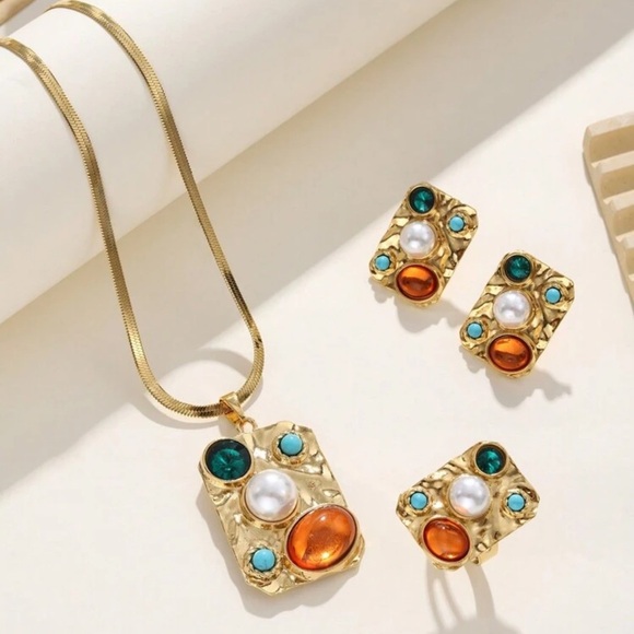 ✨ Gold Multi-Gem Statement Jewelry Set – Necklace, Earrings & Ring ✨ - Picture 3 of 10